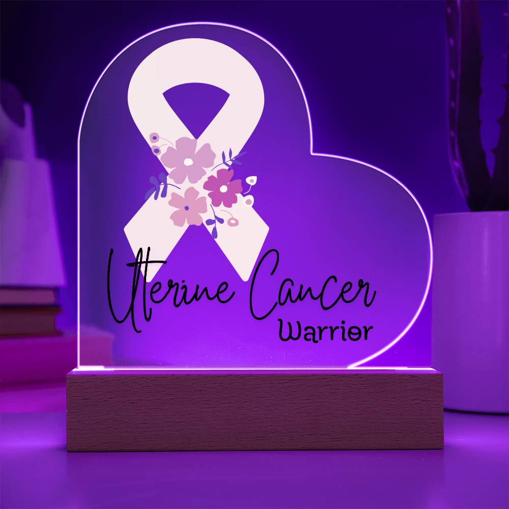 Uterine Cancer Warrior Acrylic Heart Plaque Sign | LED Base | Acrylic Night Light | Light Up Sign | Peach Awareness Ribbon