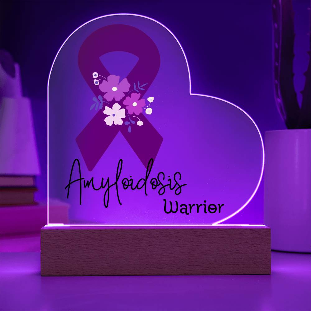Amyloidosis Warrior Acrylic Heart Plaque Sign | LED Base | Acrylic Night Light | Light Up Sign | Burgundy Awareness Ribbon