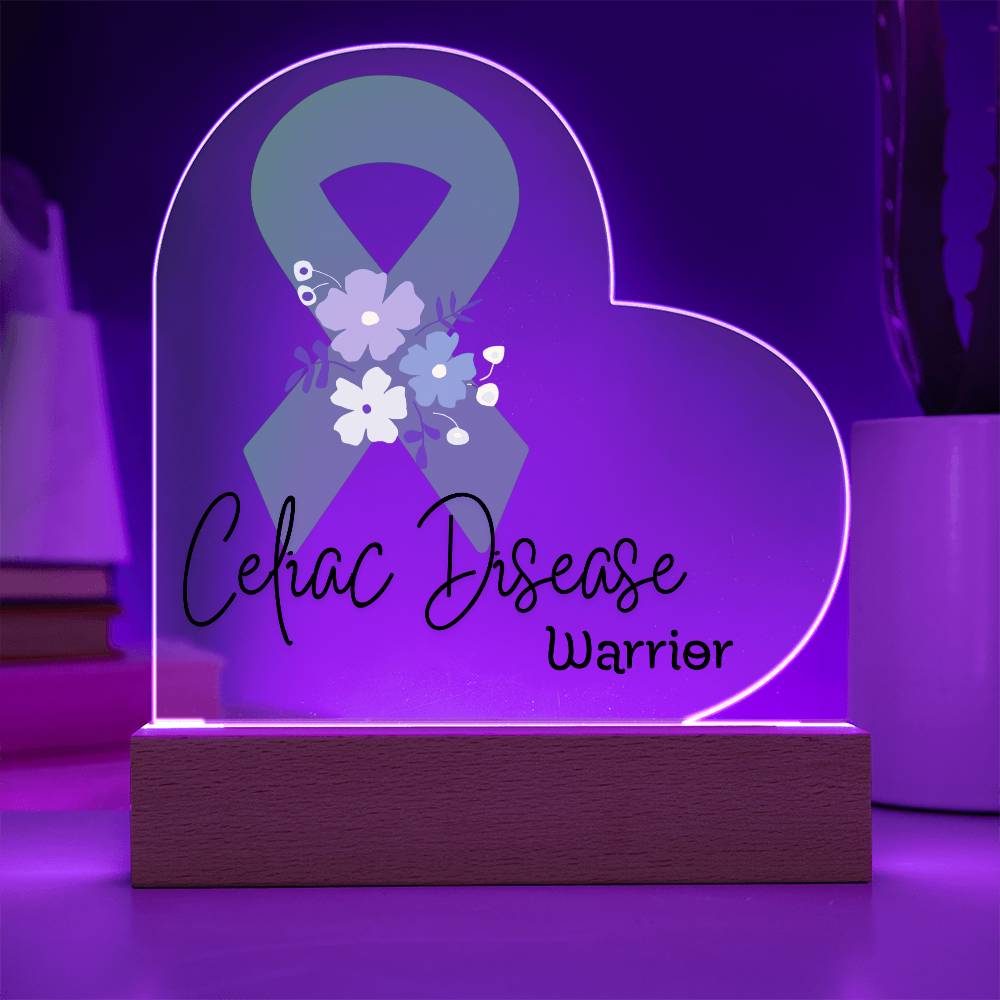 Celiac Disease Warrior Acrylic Heart Plaque Sign | LED Base | Acrylic Night Light | Light Up Sign | Green Awareness Ribbon