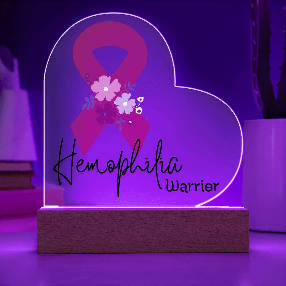 Hemophilia Warrior Acrylic Heart Plaque Sign | LED Base | Acrylic Night Light | Light Up Sign | Red Awareness Ribbon