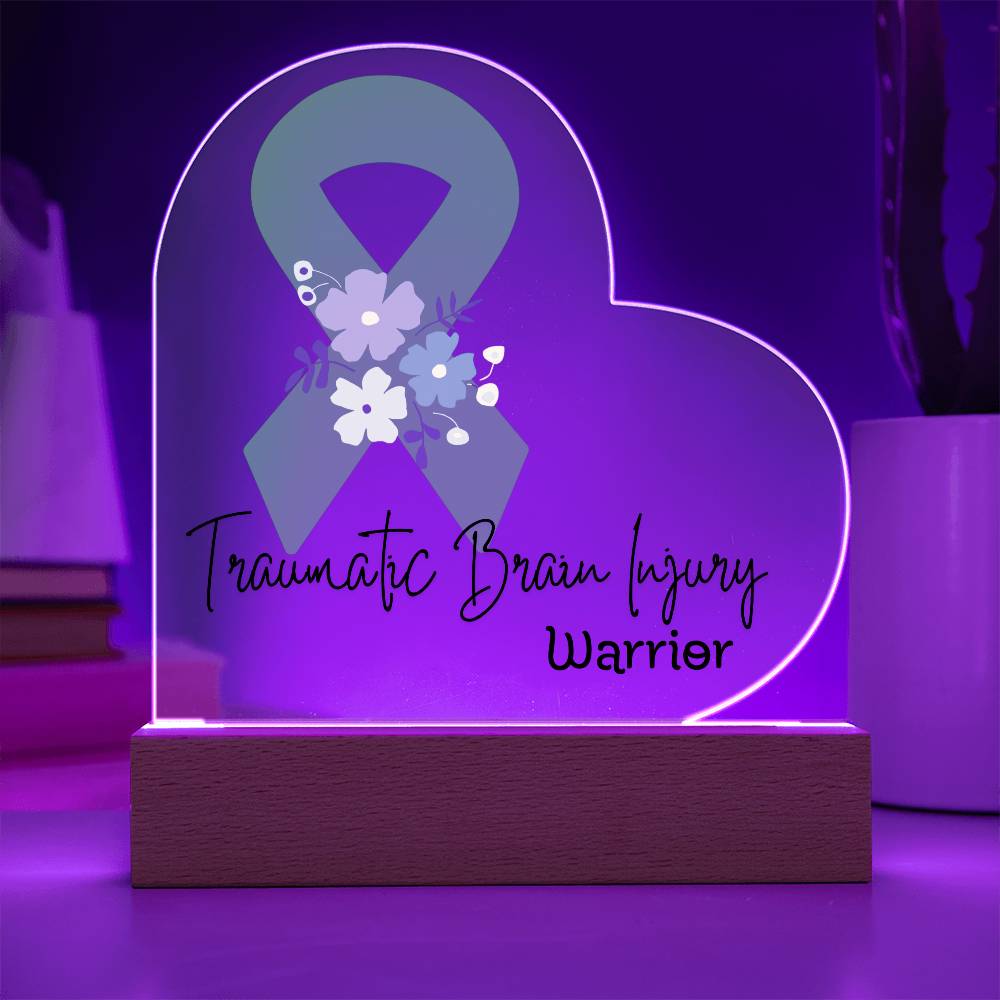 Traumatic Brain Injury Warrior Acrylic Heart Plaque Sign | LED Base | Acrylic Night Light | Light Up Sign | Green Awareness Ribbon