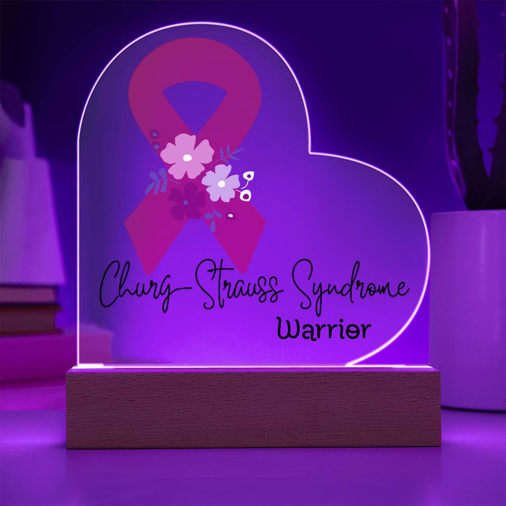 Churg Strauss Syndrome Warrior Acrylic Heart Plaque Sign | LED Base | Acrylic Night Light | Light Up Sign | Red Awareness Ribbon