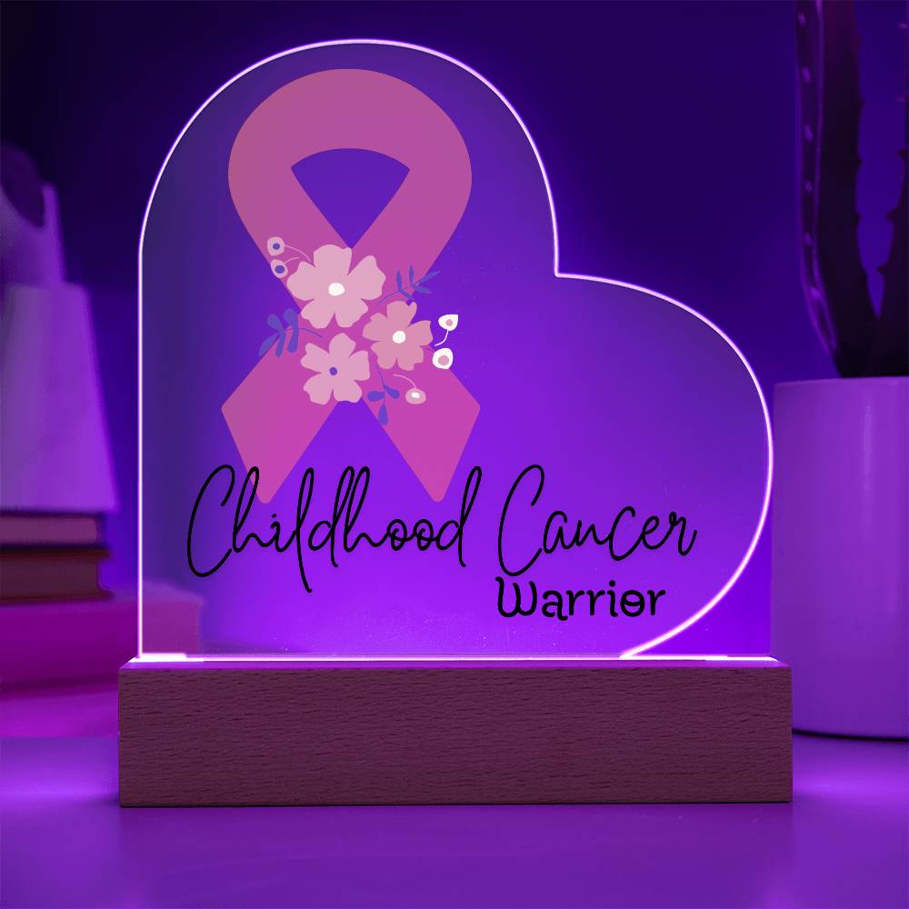 Childhood Cancer Warrior Acrylic Heart Plaque Sign | LED Base | Acrylic Night Light | Light Up Sign | Orange Awareness Ribbon