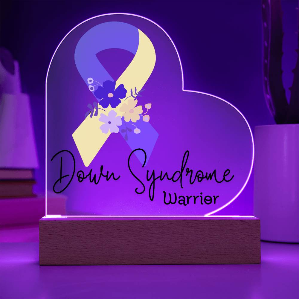Down Syndrome Warrior Acrylic Heart Plaque Sign | LED Base | Acrylic Night Light | Light Up Sign | Blue & Yellow Awareness Ribbon