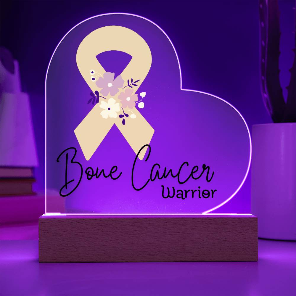 Bone Cancer Warrior Acrylic Heart Plaque Sign | LED Base | Acrylic Night Light | Light Up Sign | Yellow Awareness Ribbon