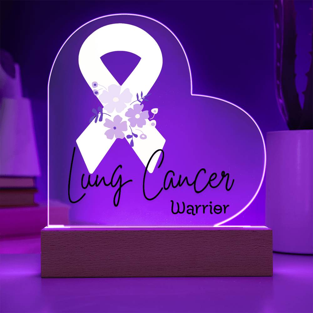 Lung Cancer Warrior Acrylic Heart Plaque Sign | LED Base | Acrylic Night Light | Light Up Sign | White Awareness Ribbon