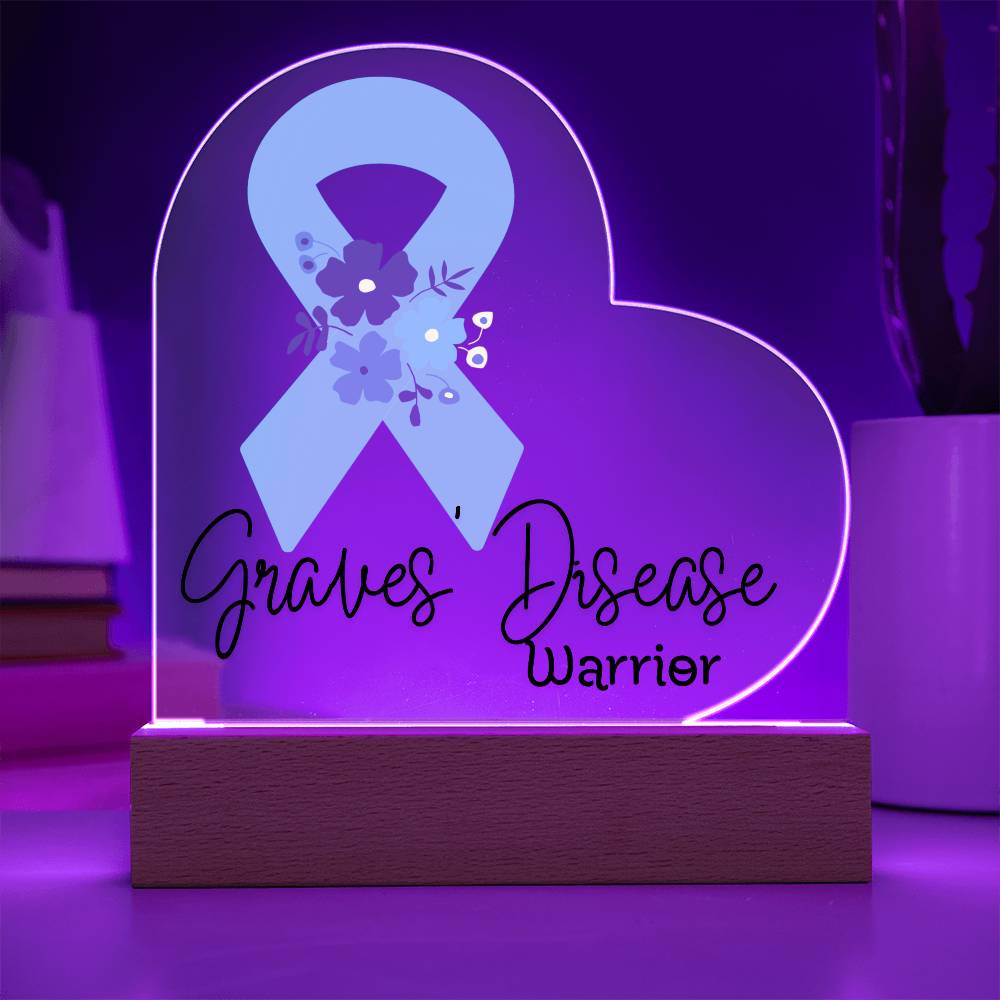 Graves Disease Warrior Acrylic Heart Plaque Sign | LED Base | Acrylic Night Light | Light Up Sign | Teal Awareness Ribbon
