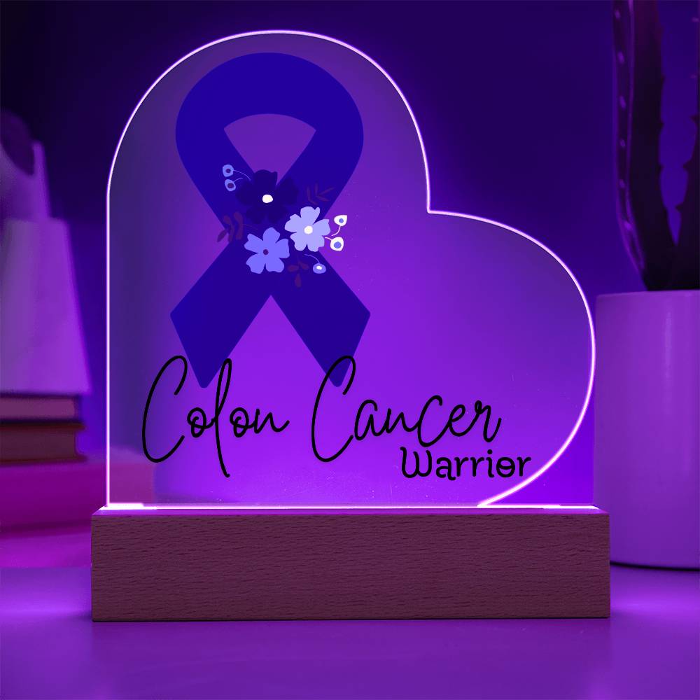 Colon Cancer Warrior Acrylic Heart Plaque Sign | LED Base | Acrylic Night Light | Light Up Sign | Blue Awareness Ribbon