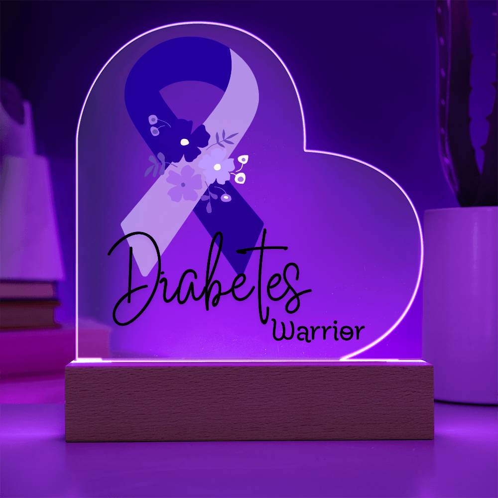 Diabetes Warrior Acrylic Heart Plaque Sign | LED Base | Acrylic Night Light | Light Up Sign | Blue and Gray Awareness Ribbon