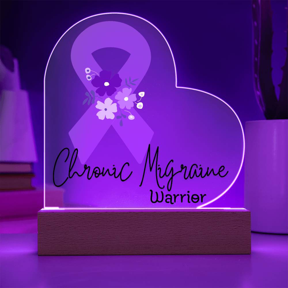 Chronic Migraine Warrior Acrylic Heart Plaque Sign | LED Base | Acrylic Night Light | Light Up Sign | Purple Awareness Ribbon