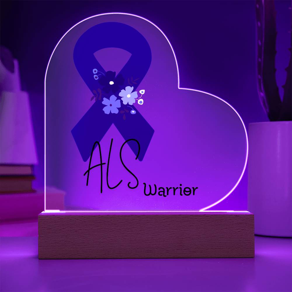 ALS Warrior Acrylic Heart Plaque Sign | LED Base | Acrylic Night Light | Light Up Sign | Blue Awareness Ribbon