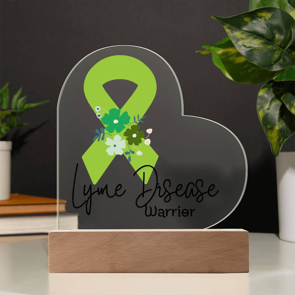 Lyme Disease Warrior Acrylic Heart Plaque Sign | LED Base | Acrylic Night Light | Light Up Sign | Lime Green Awareness