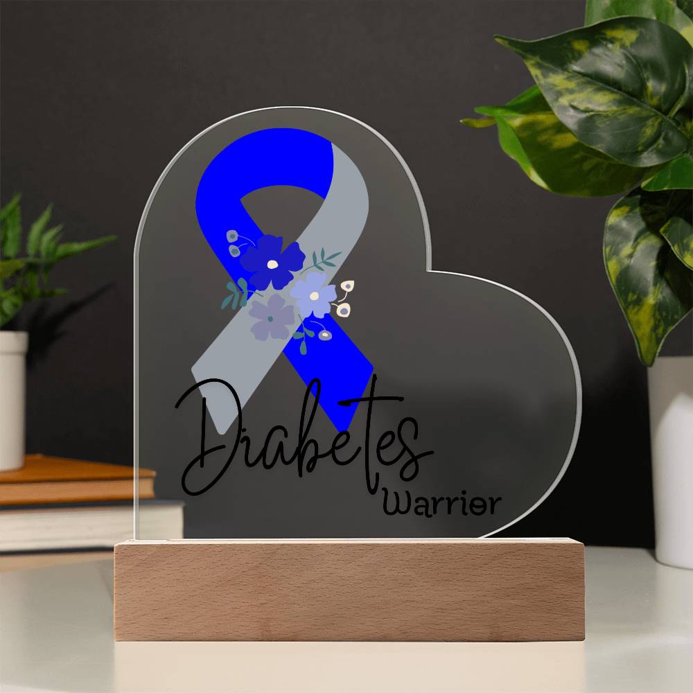 Diabetes Warrior Acrylic Heart Plaque Sign | LED Base | Acrylic Night Light | Light Up Sign | Blue and Gray Awareness Ribbon