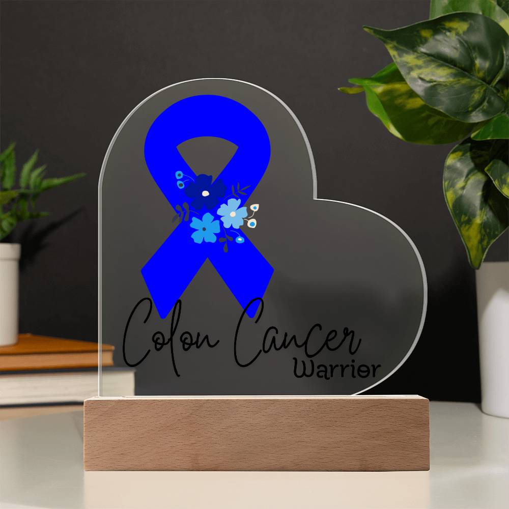 Colon Cancer Warrior Acrylic Heart Plaque Sign | LED Base | Acrylic Night Light | Light Up Sign | Blue Awareness Ribbon