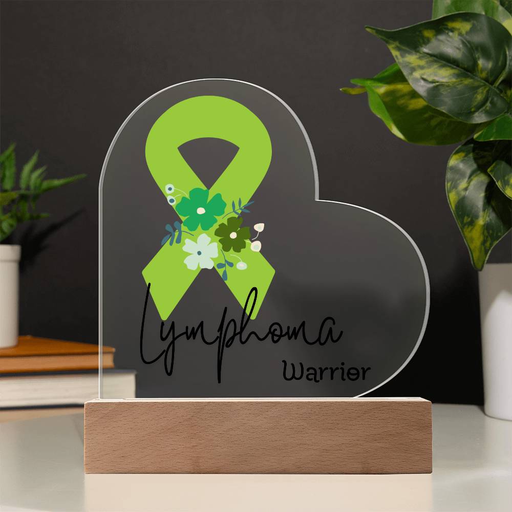 Lymphoma Warrior Acrylic Heart Plaque Sign | LED Base | Acrylic Night Light | Light Up Sign | Lime Green Awareness Ribbon