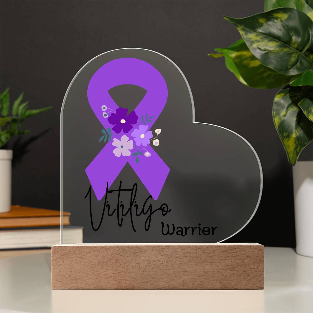 Vitiligo Warrior Acrylic Heart Plaque Sign | LED Base | Acrylic Night Light | Light Up Sign | Purple Awareness Ribbon