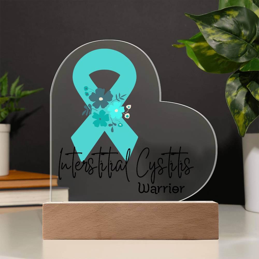 Interstitial Cystitis Warrior Acrylic Heart Plaque Sign | LED Base | Acrylic Night Light | Light Up Sign | Teal Awareness Ribbon
