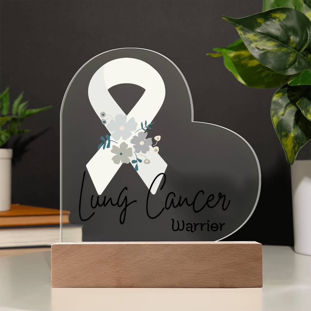 Lung Cancer Warrior Acrylic Heart Plaque Sign | LED Base | Acrylic Night Light | Light Up Sign | White Awareness Ribbon