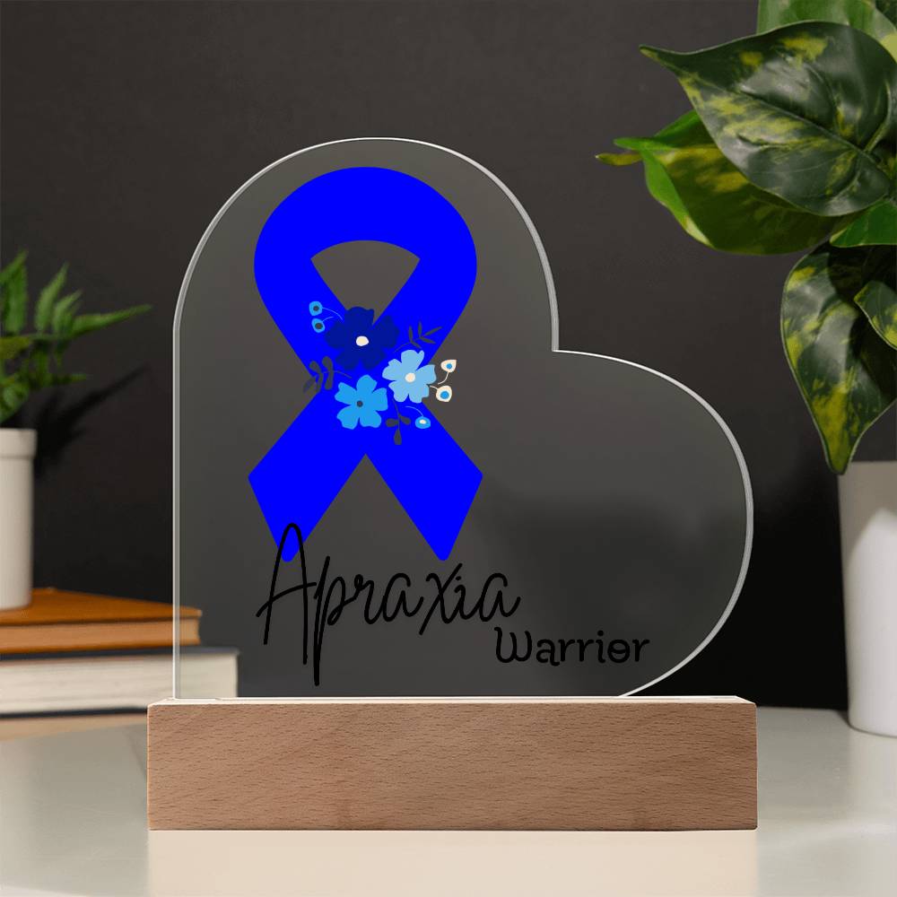 Apraxia Warrior Acrylic Heart Plaque Sign | LED Base | Acrylic Night Light | Light Up Sign | Blue Awareness Ribbon