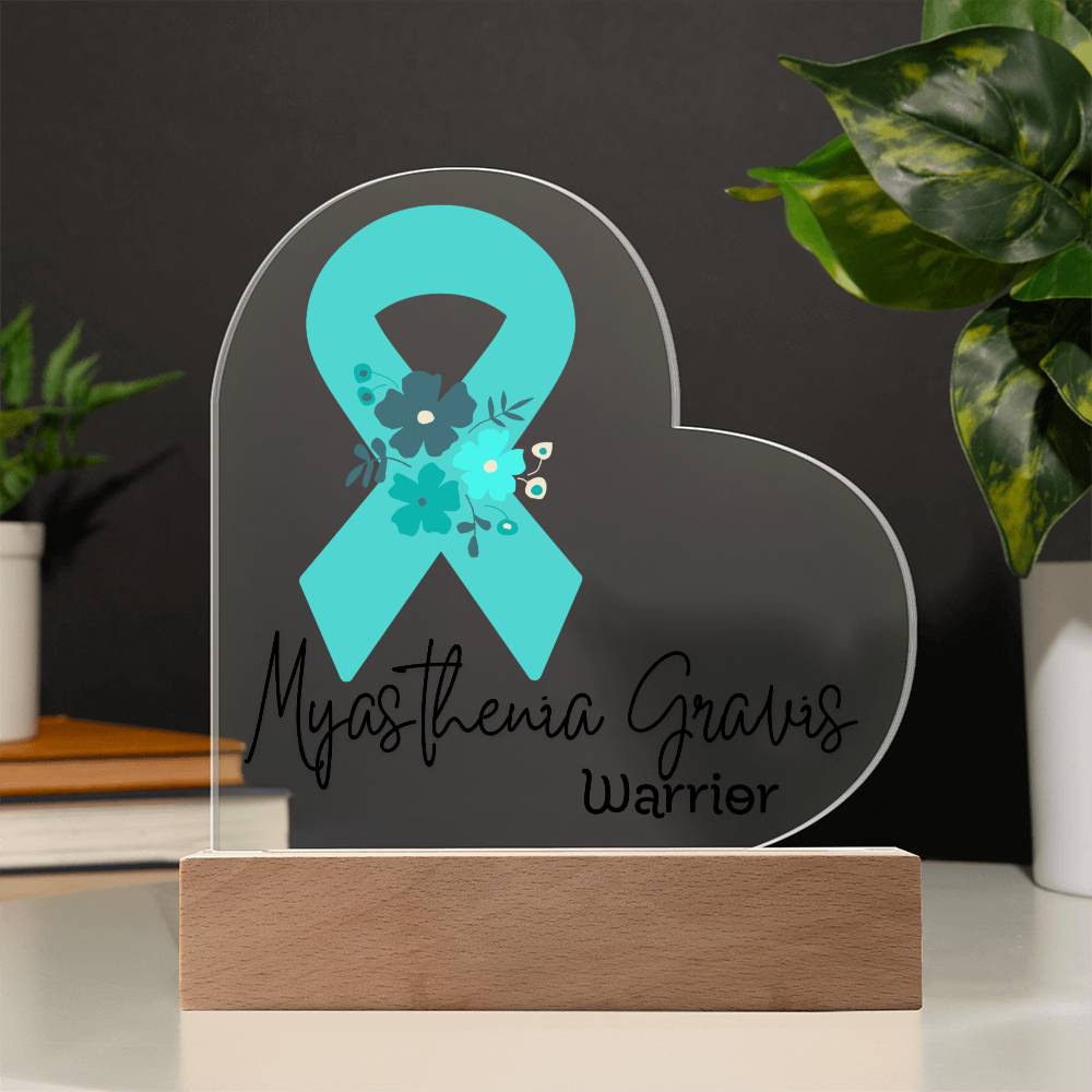 Myasthenia Gravis Warrior Acrylic Heart Plaque Sign | LED Base | Acrylic Night Light | Light Up Sign | Teal Awareness Ribbon