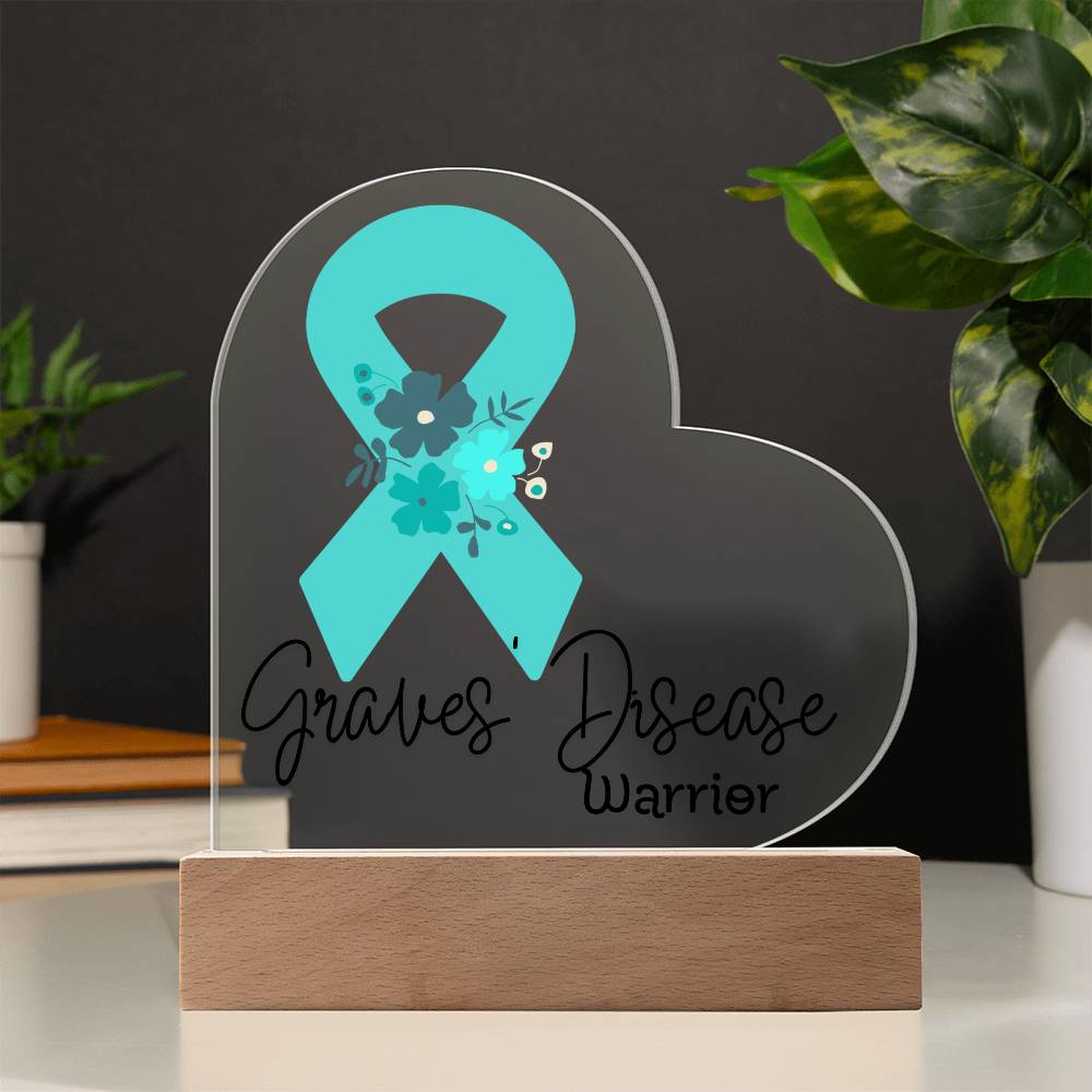 Graves Disease Warrior Acrylic Heart Plaque Sign | LED Base | Acrylic Night Light | Light Up Sign | Teal Awareness Ribbon