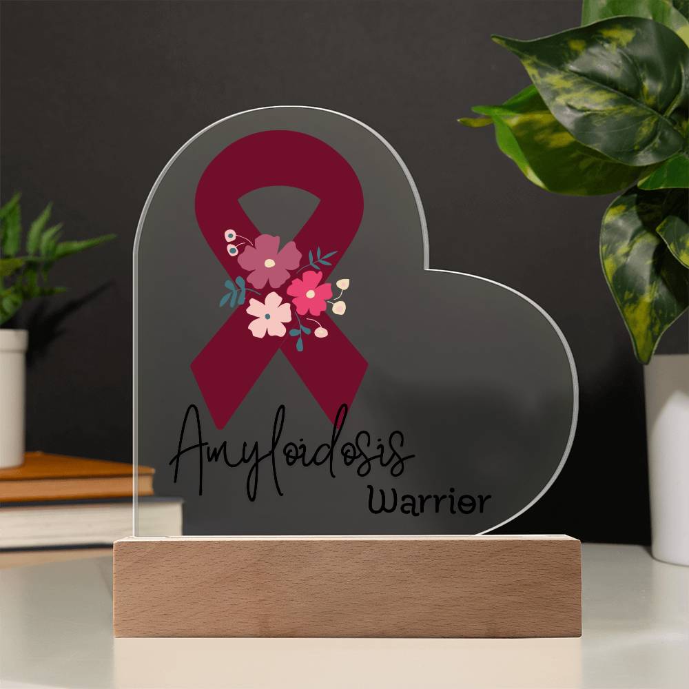 Amyloidosis Warrior Acrylic Heart Plaque Sign | LED Base | Acrylic Night Light | Light Up Sign | Burgundy Awareness Ribbon
