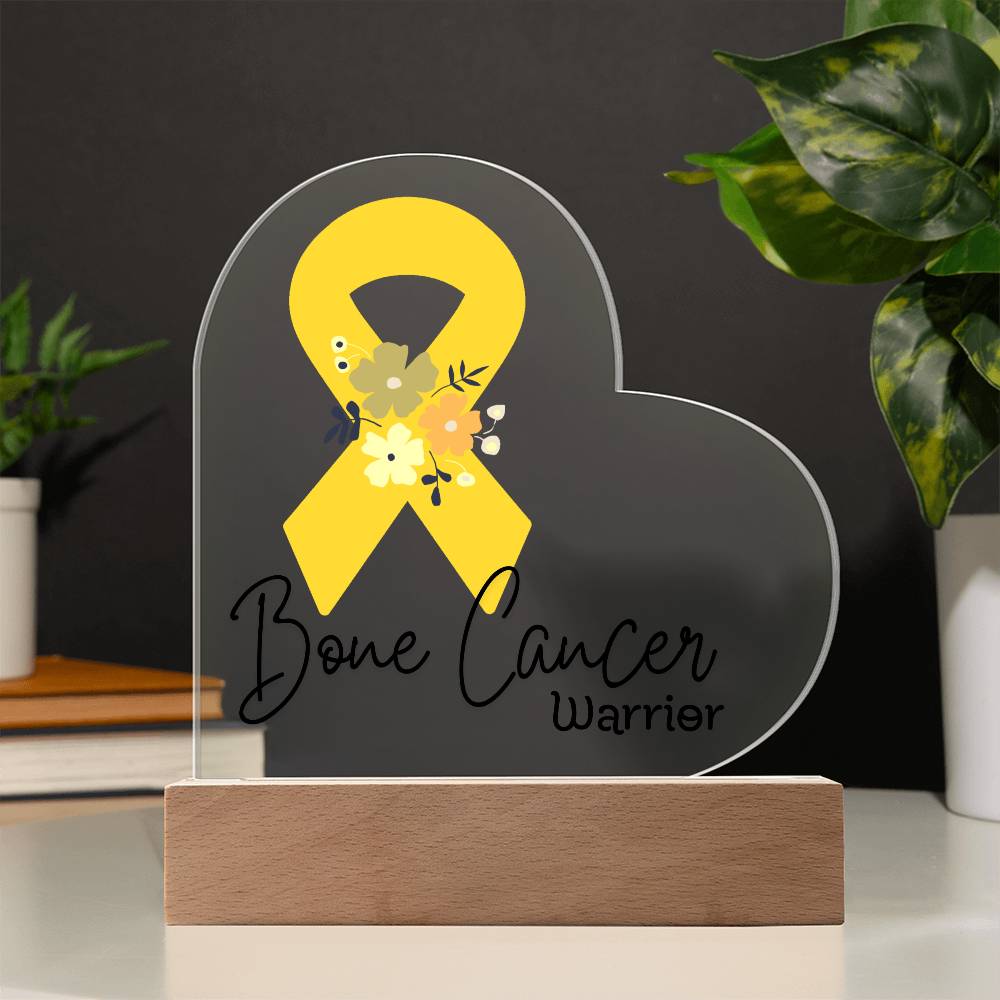 Bone Cancer Warrior Acrylic Heart Plaque Sign | LED Base | Acrylic Night Light | Light Up Sign | Yellow Awareness Ribbon