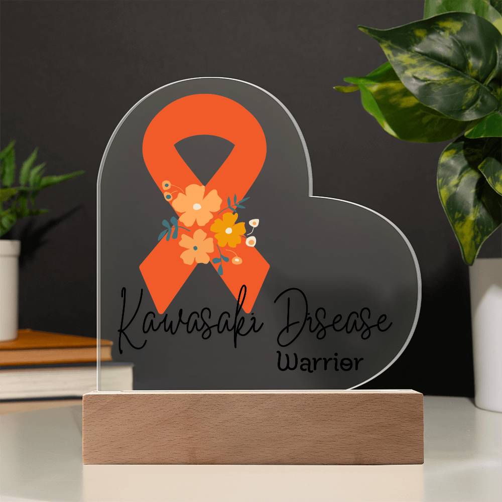 Kawasaki Disease Warrior Acrylic Heart Plaque Sign | LED Base | Acrylic Night Light | Light Up Sign | Orange Awareness Ribbon