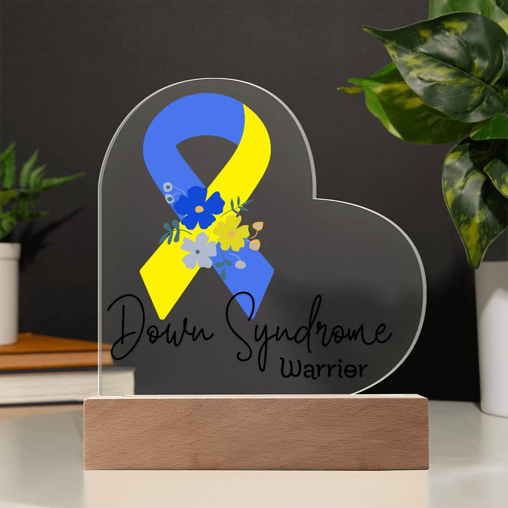 Down Syndrome Warrior Acrylic Heart Plaque Sign | LED Base | Acrylic Night Light | Light Up Sign | Blue & Yellow Awareness Ribbon