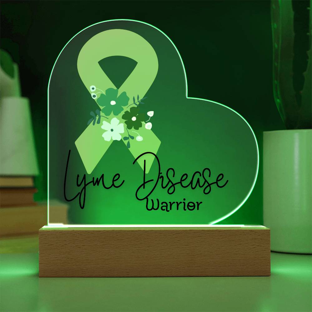 Lyme Disease Warrior Acrylic Heart Plaque Sign | LED Base | Acrylic Night Light | Light Up Sign | Lime Green Awareness
