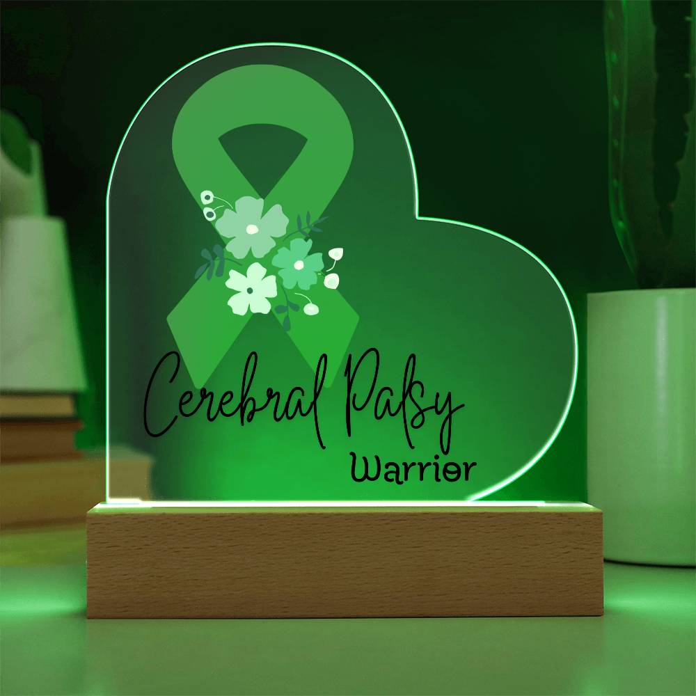 Cerebral Palsy Warrior Acrylic Heart Plaque Sign | LED Base | Acrylic Night Light | Light Up Sign | Green Awareness Ribbon