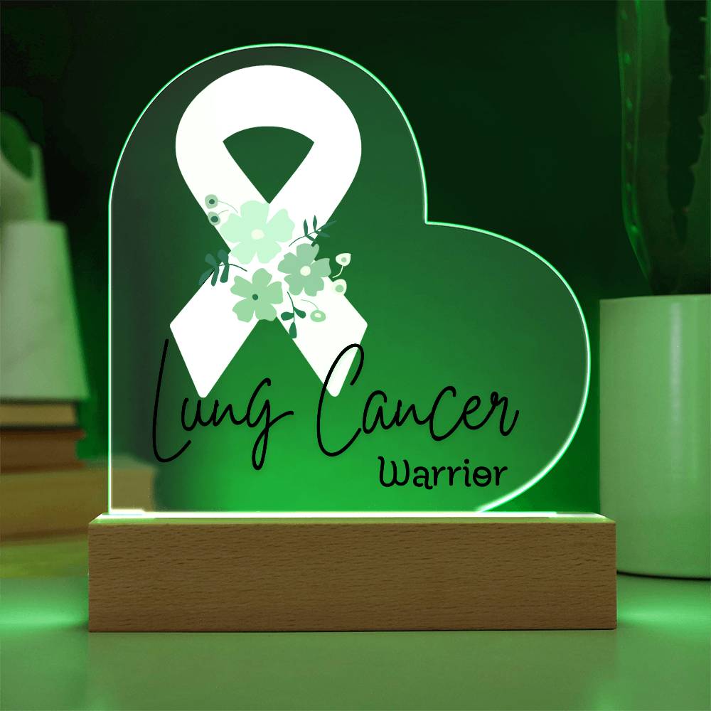 Lung Cancer Warrior Acrylic Heart Plaque Sign | LED Base | Acrylic Night Light | Light Up Sign | White Awareness Ribbon