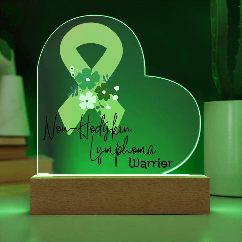 Non Hodgkin Lymphoma Warrior Acrylic Heart Plaque Sign | LED Base | Acrylic Night Light | Light Up Sign | Green Awareness Ribbon