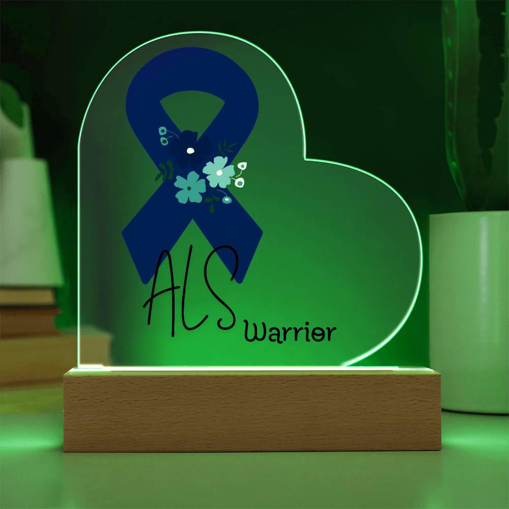 ALS Warrior Acrylic Heart Plaque Sign | LED Base | Acrylic Night Light | Light Up Sign | Blue Awareness Ribbon