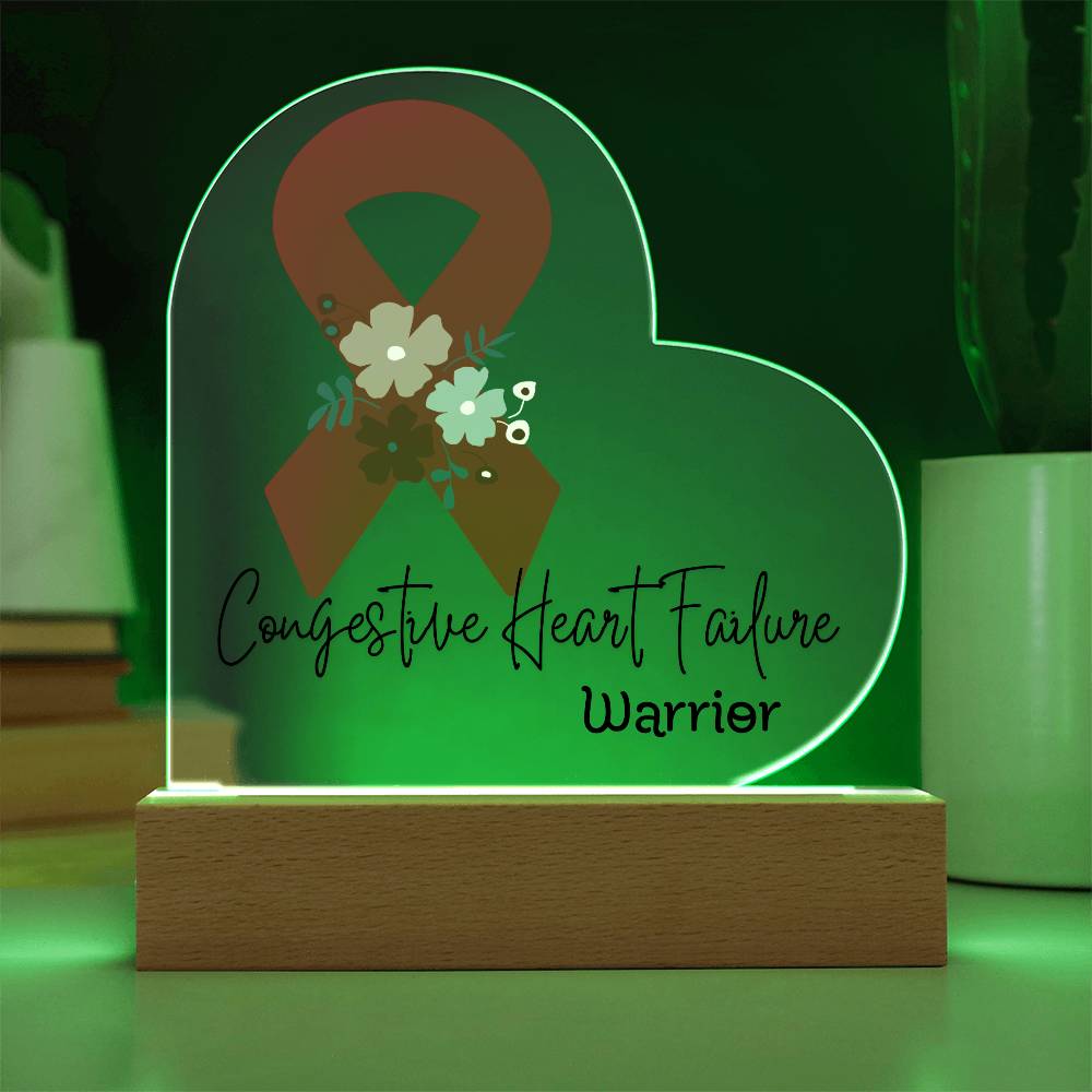 Congestive Heart Failure Warrior Acrylic Heart Plaque Sign | LED Base | Acrylic Night Light | Light Up Sign | Red Awareness Ribbon