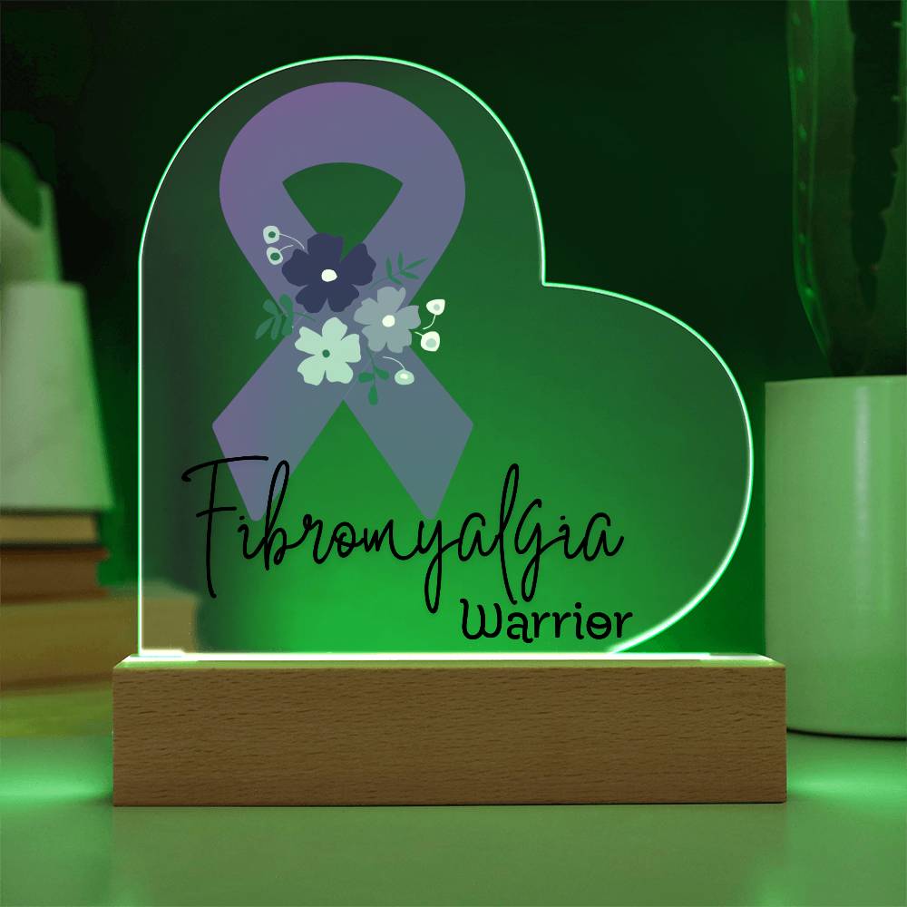 Fibromyalgia Warrior Acrylic Heart Plaque Sign | LED Base | Acrylic Night Light | Light Up Sign | Purple Awareness Ribbon