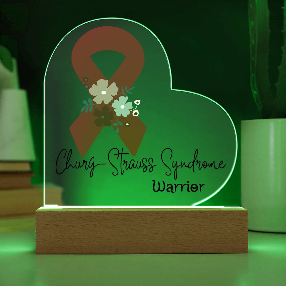 Churg Strauss Syndrome Warrior Acrylic Heart Plaque Sign | LED Base | Acrylic Night Light | Light Up Sign | Red Awareness Ribbon