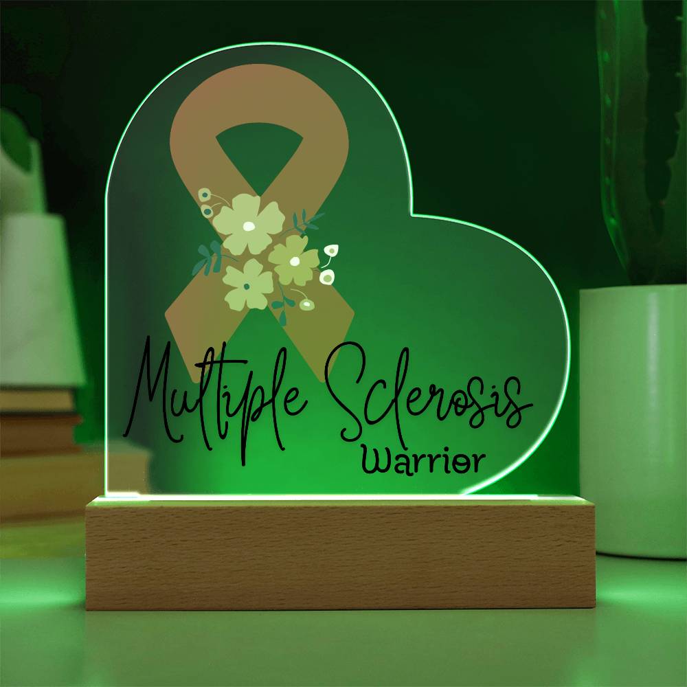 Multiple Sclerosis Warrior Acrylic Heart Plaque Sign | LED Base | Acrylic Night Light | Light Up Sign | Orange Awareness Ribbon