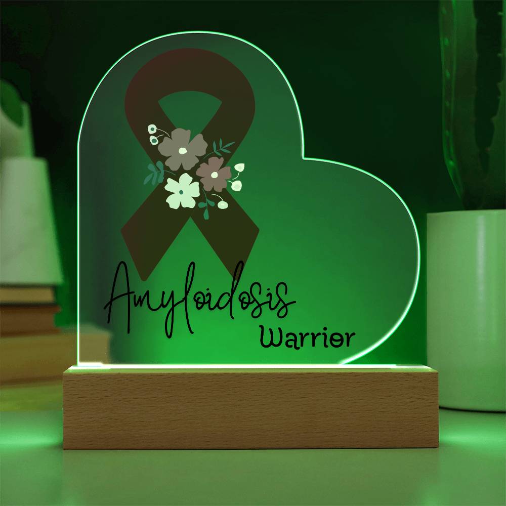 Amyloidosis Warrior Acrylic Heart Plaque Sign | LED Base | Acrylic Night Light | Light Up Sign | Burgundy Awareness Ribbon
