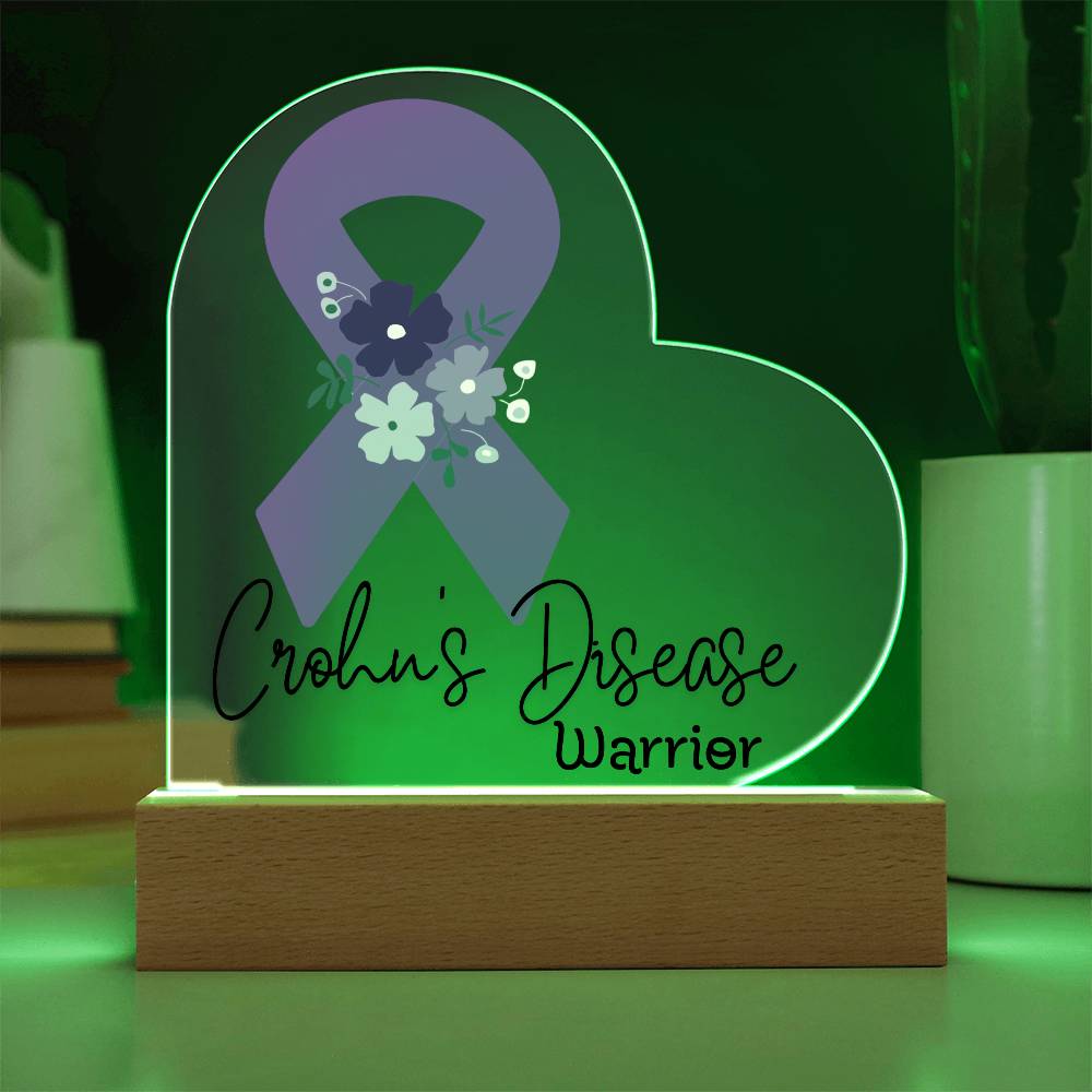 Crohn's Disease Warrior Acrylic Heart Plaque Sign | LED Base | Acrylic Night Light | Light Up Sign | Purple Awareness Ribbon