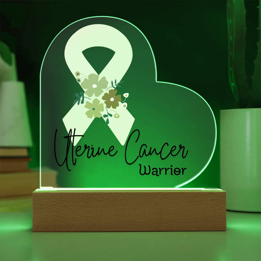 Uterine Cancer Warrior Acrylic Heart Plaque Sign | LED Base | Acrylic Night Light | Light Up Sign | Peach Awareness Ribbon