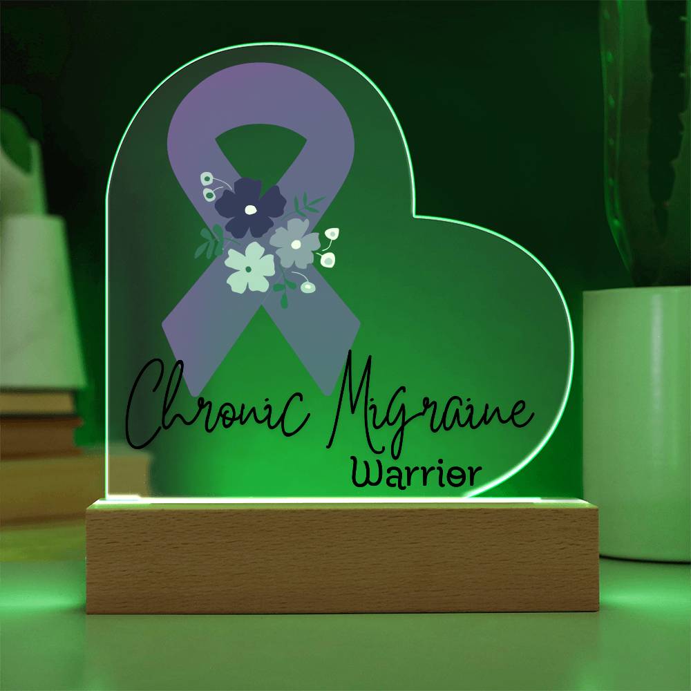 Chronic Migraine Warrior Acrylic Heart Plaque Sign | LED Base | Acrylic Night Light | Light Up Sign | Purple Awareness Ribbon
