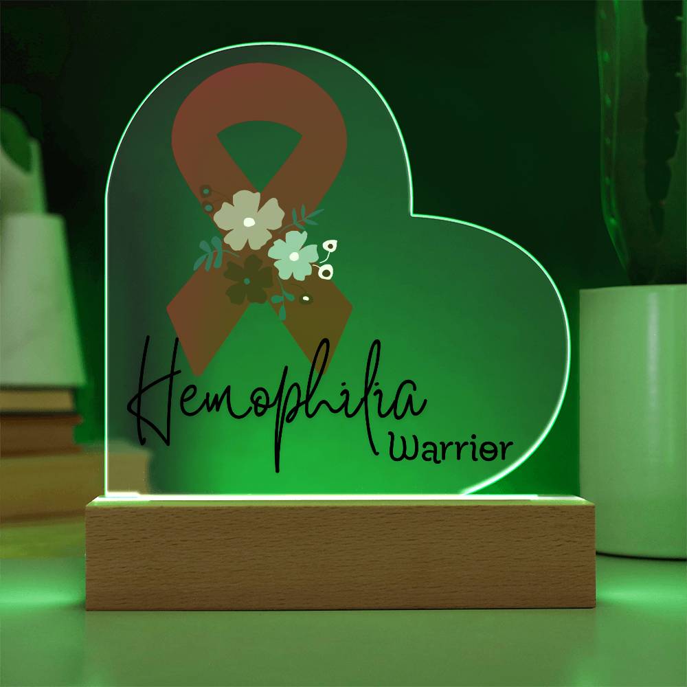 Hemophilia Warrior Acrylic Heart Plaque Sign | LED Base | Acrylic Night Light | Light Up Sign | Red Awareness Ribbon