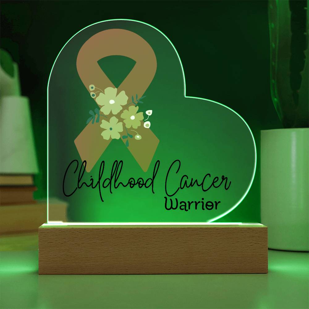 Childhood Cancer Warrior Acrylic Heart Plaque Sign | LED Base | Acrylic Night Light | Light Up Sign | Orange Awareness Ribbon