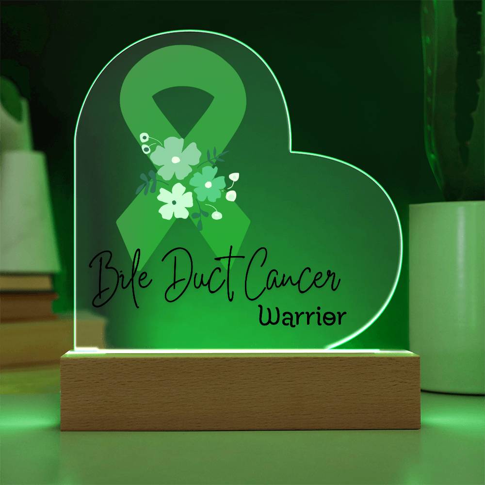 Bile Duct Cancer Warrior Acrylic Heart Plaque Sign | LED Base | Acrylic Night Light | Light Up Sign | Green Awareness Ribbon