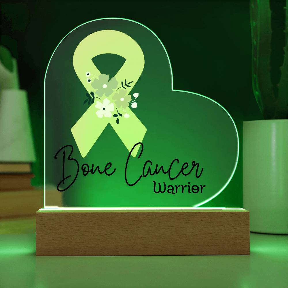 Bone Cancer Warrior Acrylic Heart Plaque Sign | LED Base | Acrylic Night Light | Light Up Sign | Yellow Awareness Ribbon