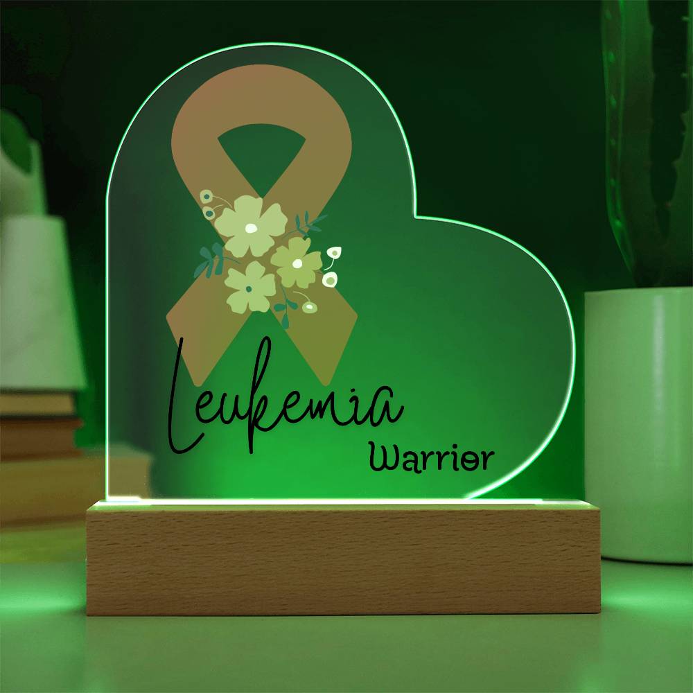 Leukemia Warrior Acrylic Heart Plaque Sign | LED Base | Acrylic Night Light | Light Up Sign | Orange Awareness Ribbon