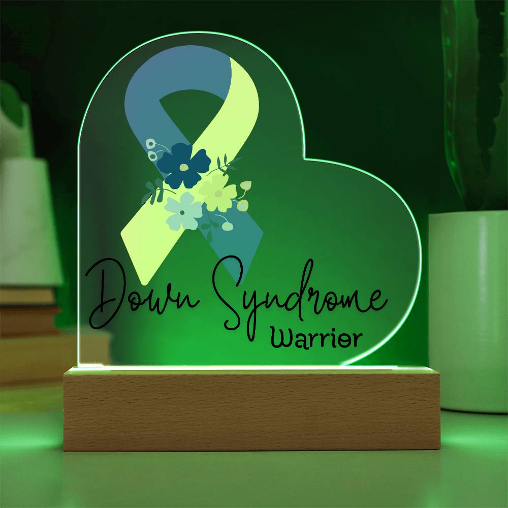 Down Syndrome Warrior Acrylic Heart Plaque Sign | LED Base | Acrylic Night Light | Light Up Sign | Blue & Yellow Awareness Ribbon