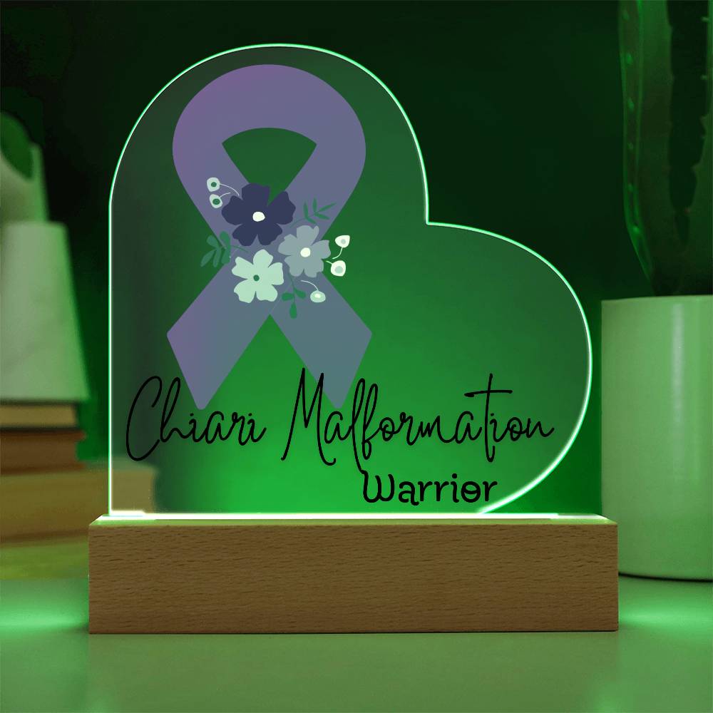 Chiari Malformation Warrior Acrylic Heart Plaque Sign | LED Base | Acrylic Night Light | Light Up Sign | Purple Awareness Ribbon