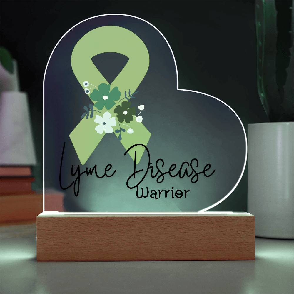 Lyme Disease Warrior Acrylic Heart Plaque Sign | LED Base | Acrylic Night Light | Light Up Sign | Lime Green Awareness